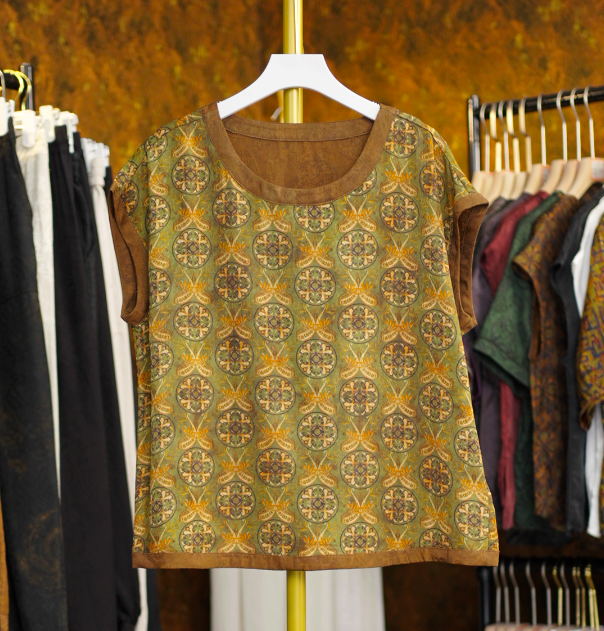 【青麦】新中式国风复古圆领短袖气质上衣小衫女240