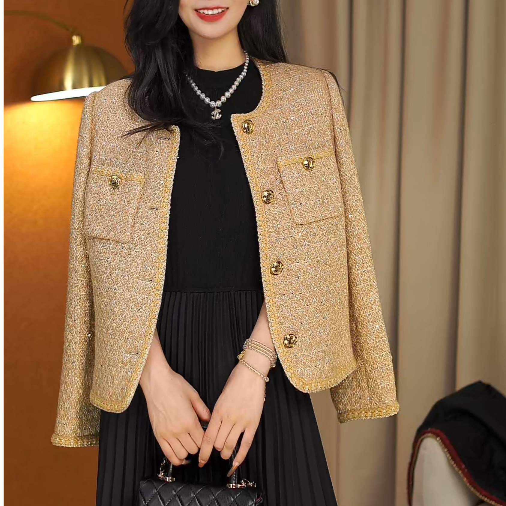 美拉德短款钉珠圆领直下摆中长款短外套复古粗花呢长袖TUDC308