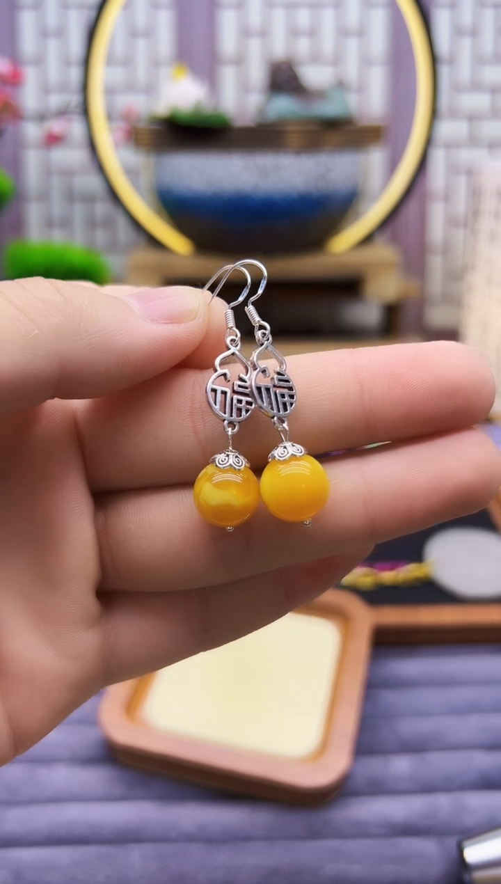 银S925镶嵌蜜蜡耳饰E57