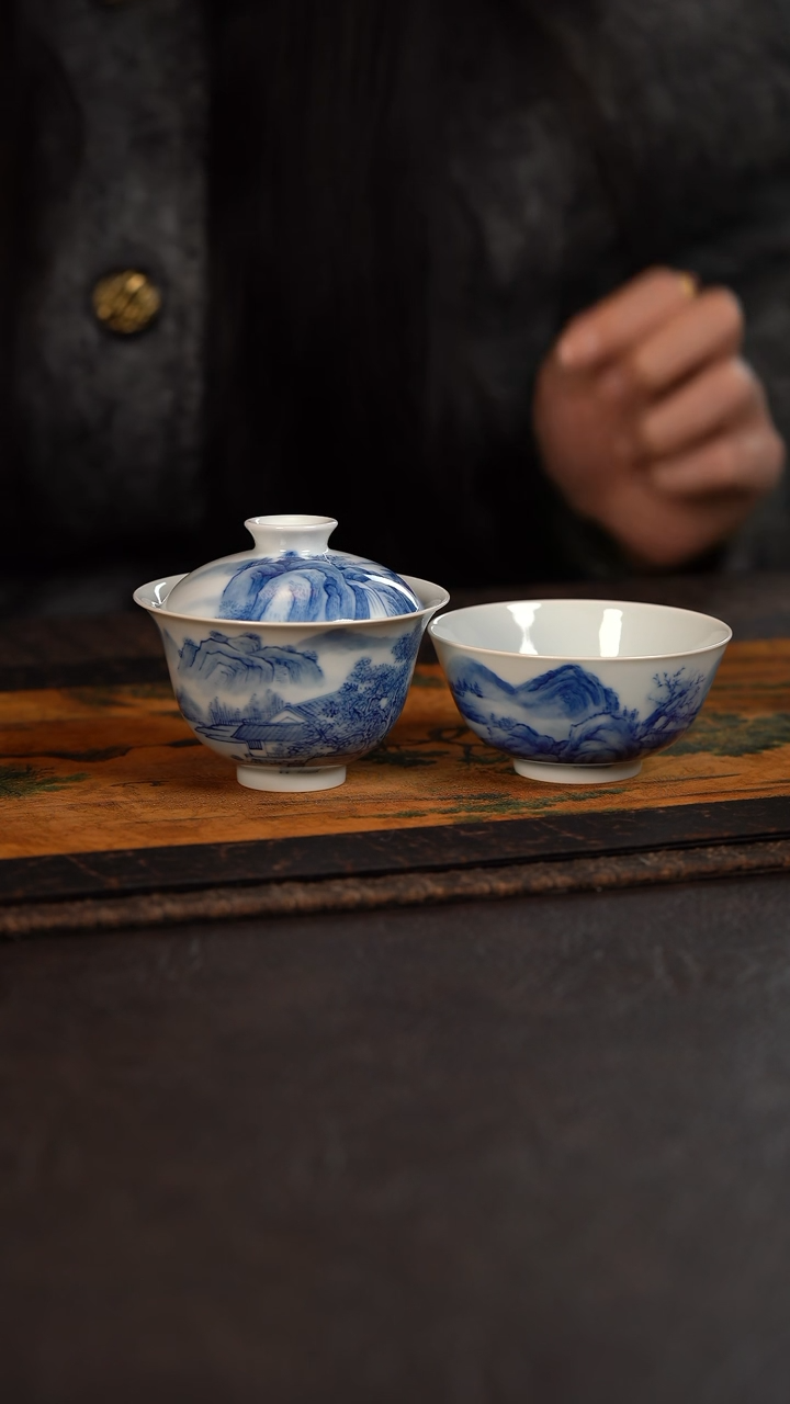 【闪购商品】杯HLX陶瓷重工山水小盖碗加茶碗杯