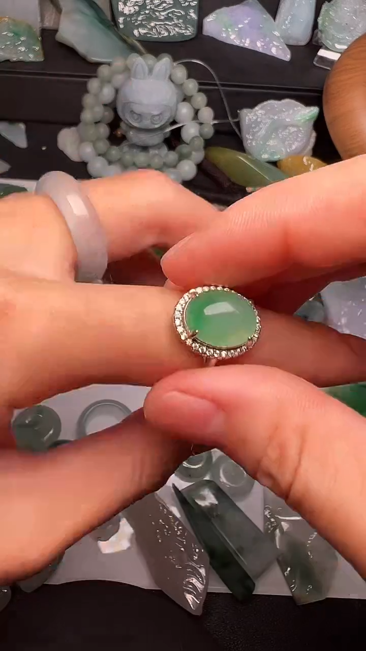 银S925镶嵌戒指翡翠家*天然A货翡翠
