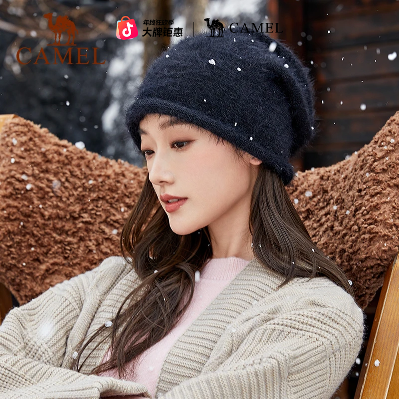 骆驼针织堆堆帽黑色2025年新款女冬季防风冷帽加绒保暖百搭毛线帽