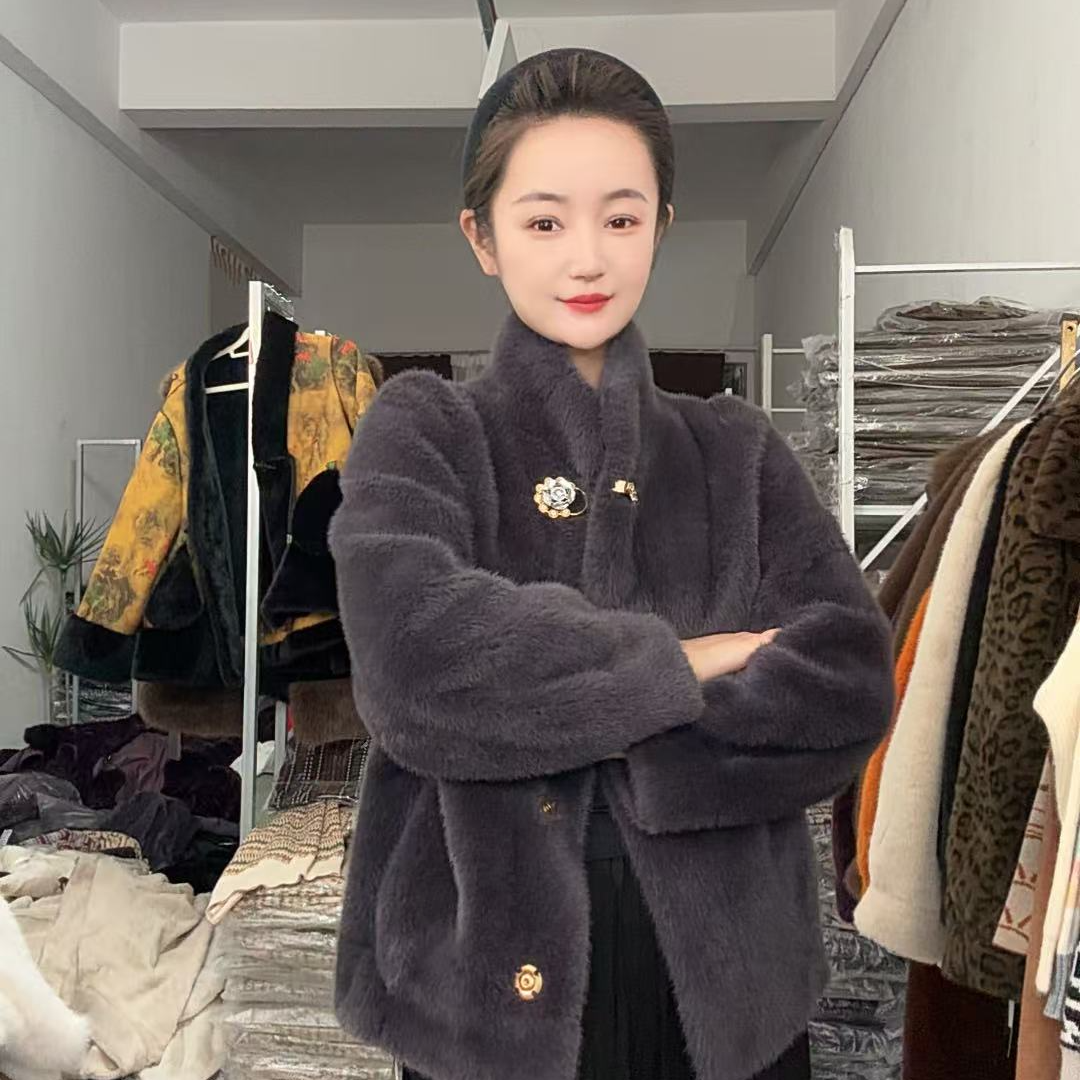 [笑笑专属]韩版时尚百搭厚款保暖显瘦显气质紫灰色女貂绒外套2002