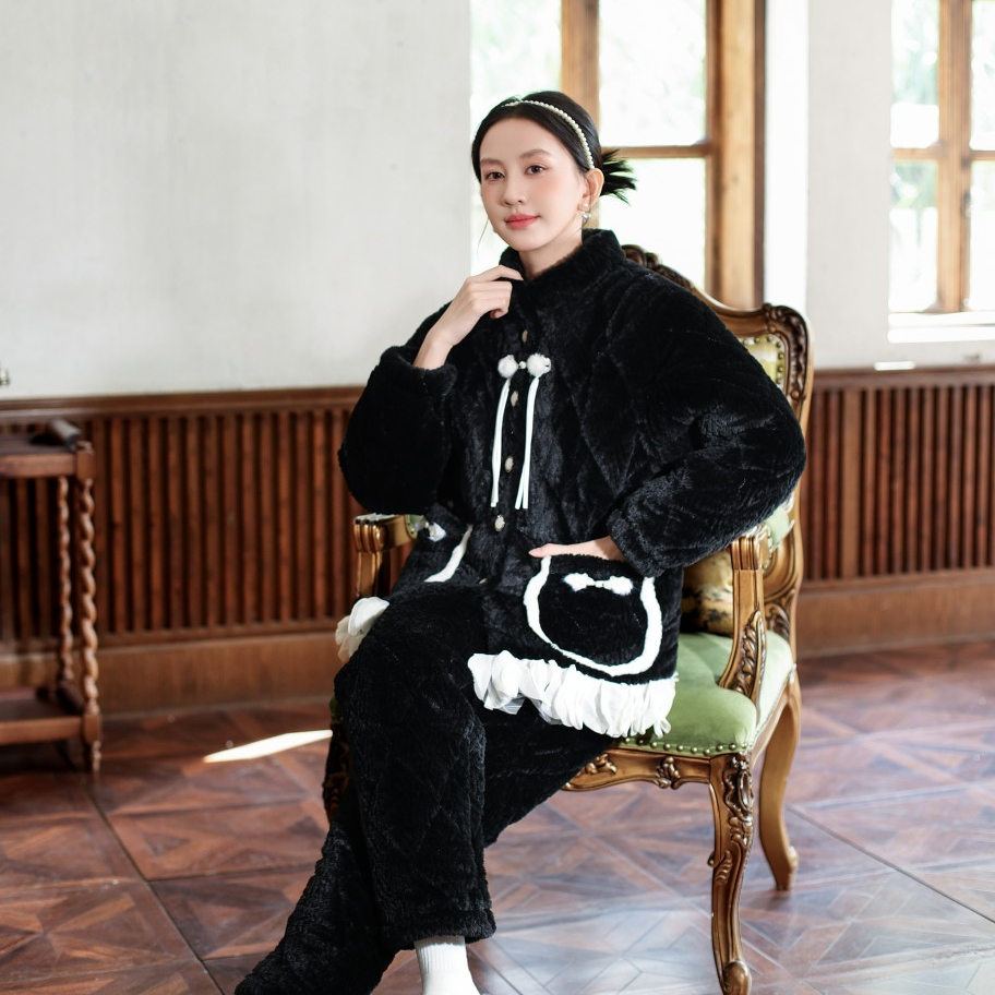 冬季7219高档女士小香风夹棉睡衣时尚加厚适家居服套装加绒保暖