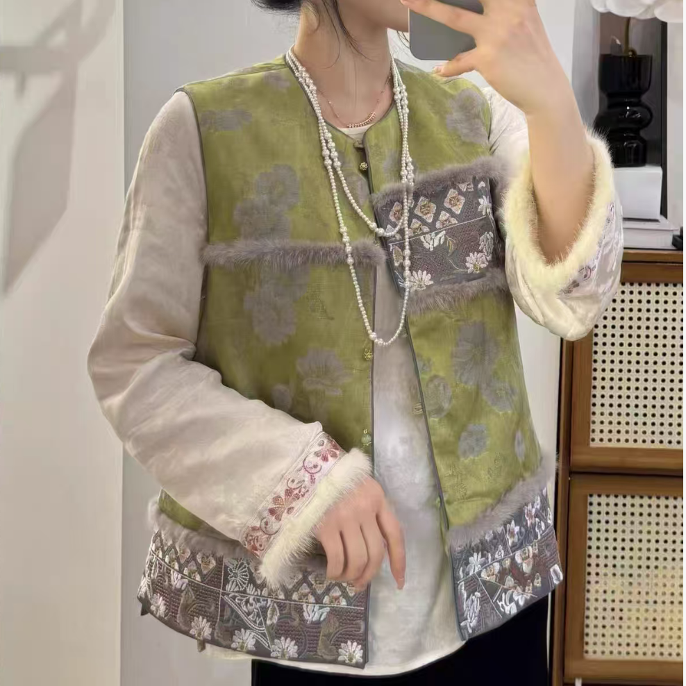 雪貂毛新中式国风棉服复古马甲外套女装冬季