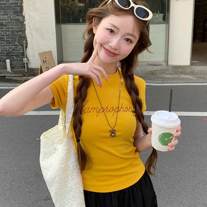 螺纹210克短袖t恤女夏2025新款短款修身烫钻圆领韩版上衣显瘦小众