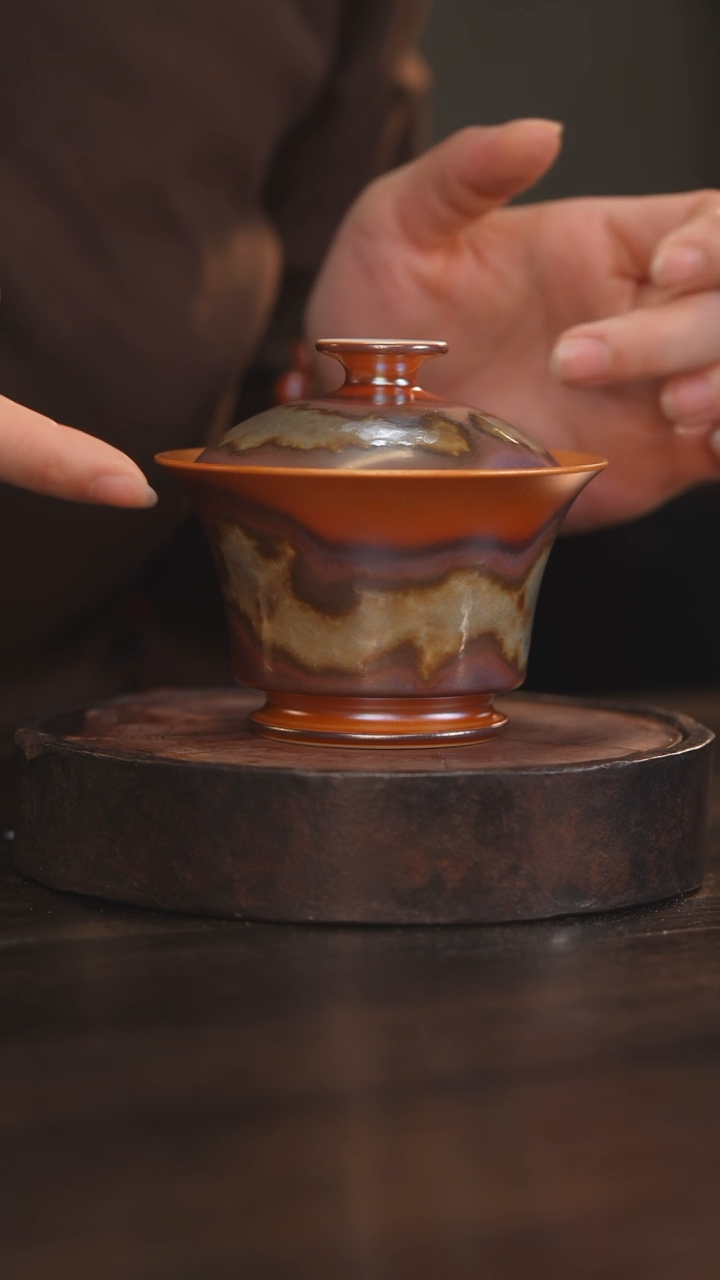 【闪购商品】杯28柴房陶瓷丨金红落灰马蹄盖碗