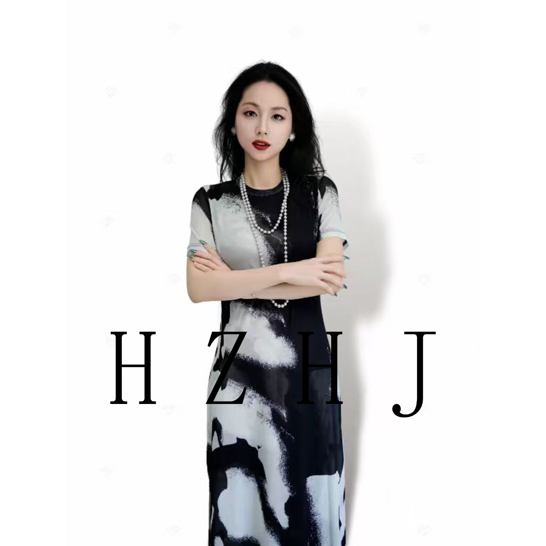 HZHJ原创小众款墨白交织简约高级款连衣裙聚酯纤维衣服裙子2391