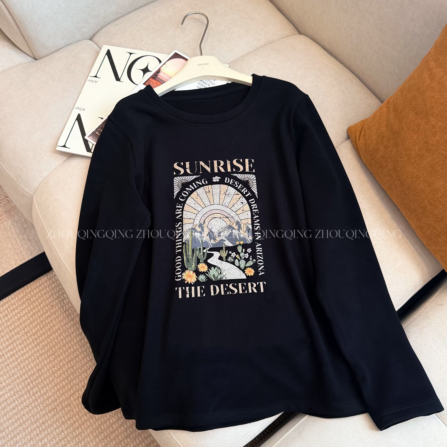 周青青微胖定制 【冬日暖阳】双面绒感百搭印花长袖T恤打底衫冬正肩