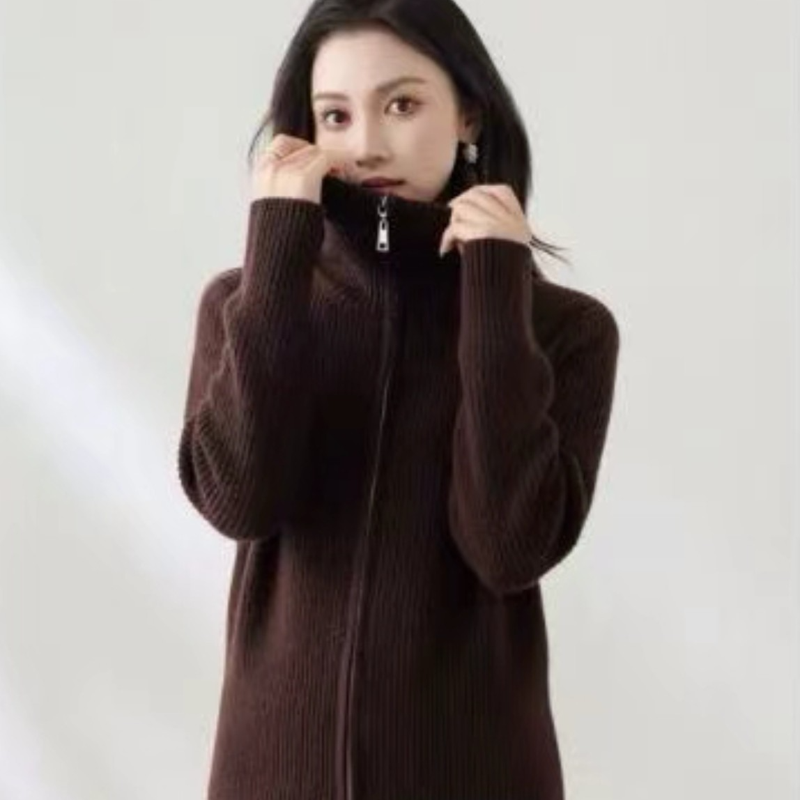 【100% 山羊绒】秋冬高领拉链针织开衫女长款坑条羊绒外套CKM0001