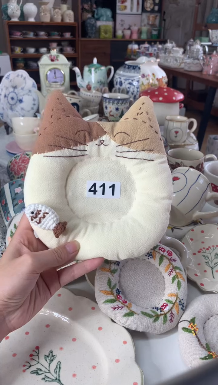陶瓷【411】猫咪鱼纯手工刺绣杯垫