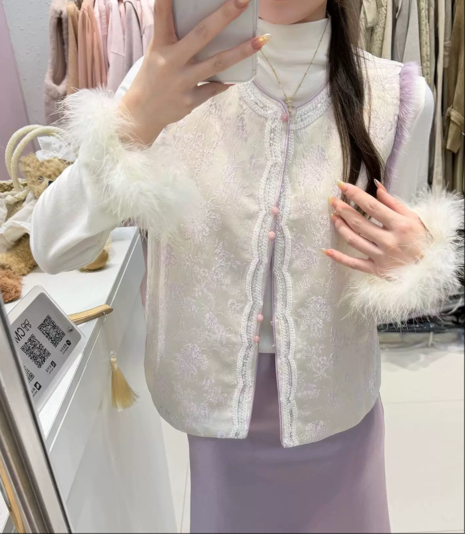 【NA家】马夹圆领冬季名媛短款刺绣上衣轻奢马甲中国风提花