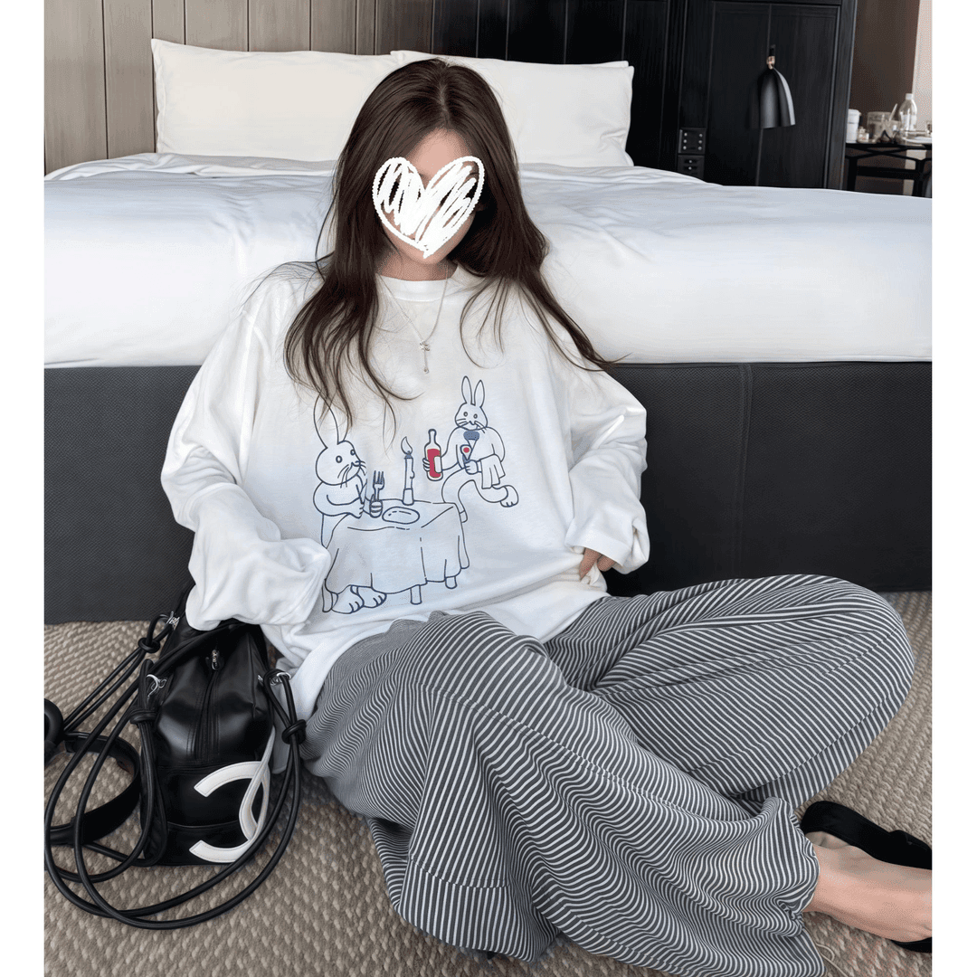 显瘦宽松长袖防晒T恤+条纹运动裤脚抽绳长裤21898#