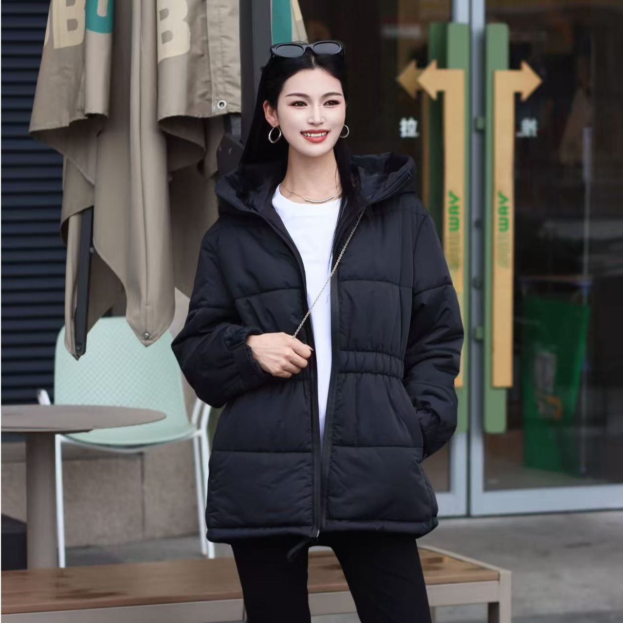 GIRDEAR/哥弟140027 新款女装松紧腰高领新雪丽保暖连帽厚外套