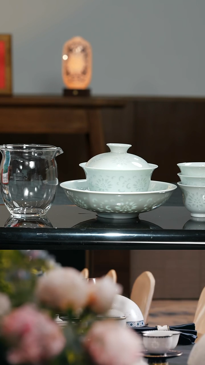 玉柏玲珑蕃莲纹8头茶具一盖碗+六杯+玻璃公道