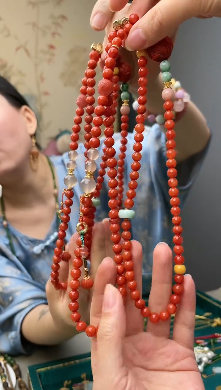 【闪购商品】南红玛瑙颈饰银S925镀金镶嵌南红108项链