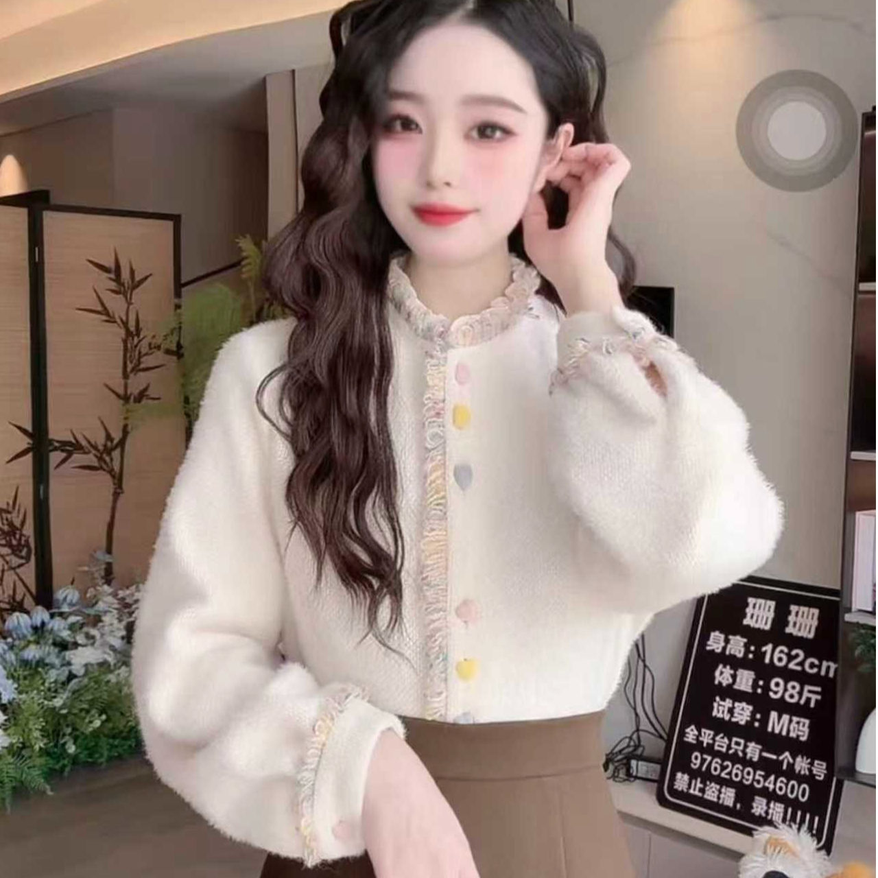 设计感单排扣长袖衬衫女秋冬时尚百搭加厚保暖花边立领上衣潮