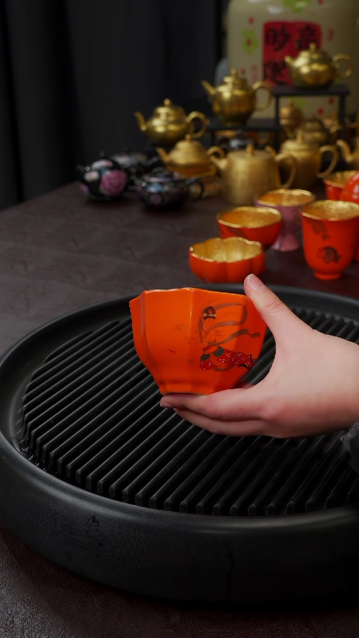 【闪购商品】杯【宜景窑爱马仕橙敦煌鎏金】手绘飞天枫叶盏