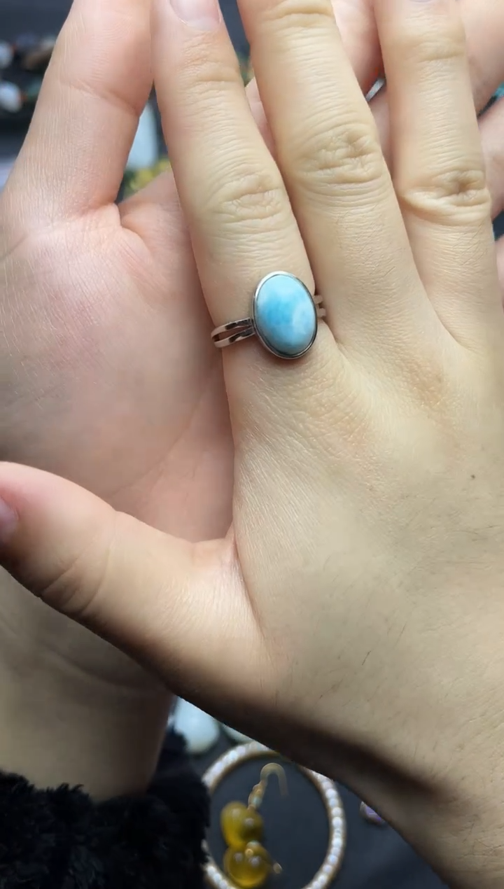 银S925镶嵌针钠钙石（海纹石）戒指蛋面戒指06