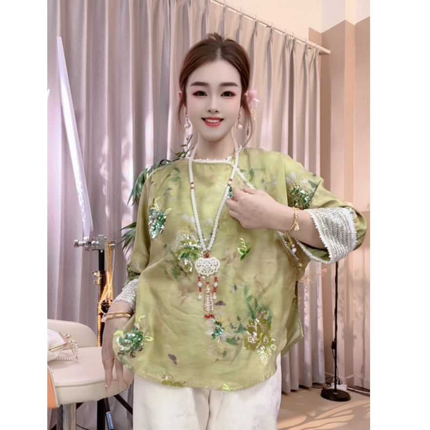 [八月桂香]新中式重工刺绣衬衫外套提花上衣