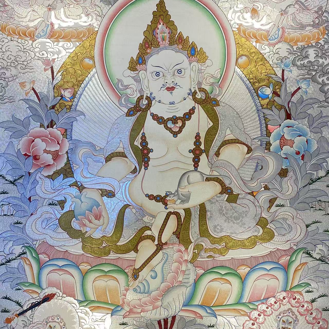 银箔打底玛瑙刀银针篆刻手绘银唐卡黄财神客厅茶室公司悬挂75*50