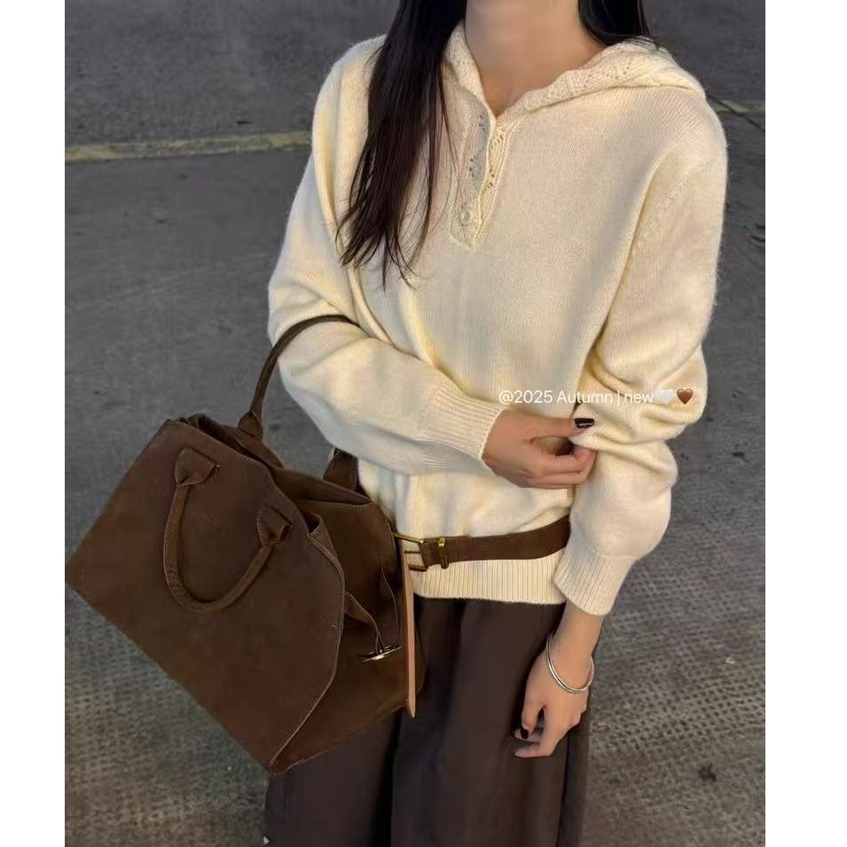 【运费补贴】【复古花边】米白色法式连帽针织衫连帽套头帽衫女外套