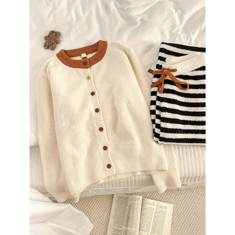 韩版高级感针织开衫半边绒睡衣女2025冬季加厚加绒保暖家居服套装