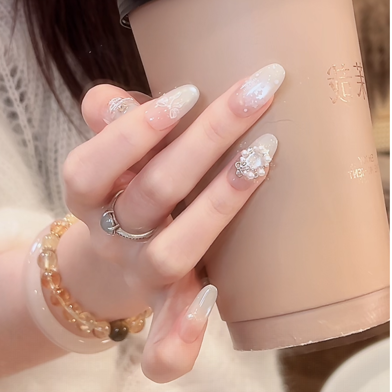 茉哉现货【白雪圣诞】纯手工定制美甲拆卸穿戴甲A5009