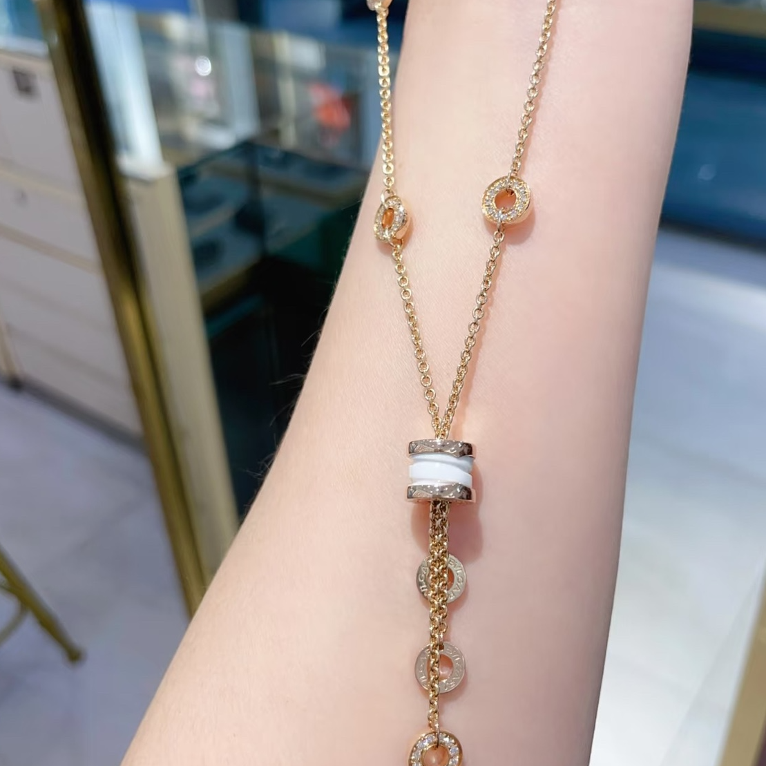 99新 BVLGARI/宝格丽 小花6欢  宝格丽白陶瓷 圆饼流苏项链玫瑰金