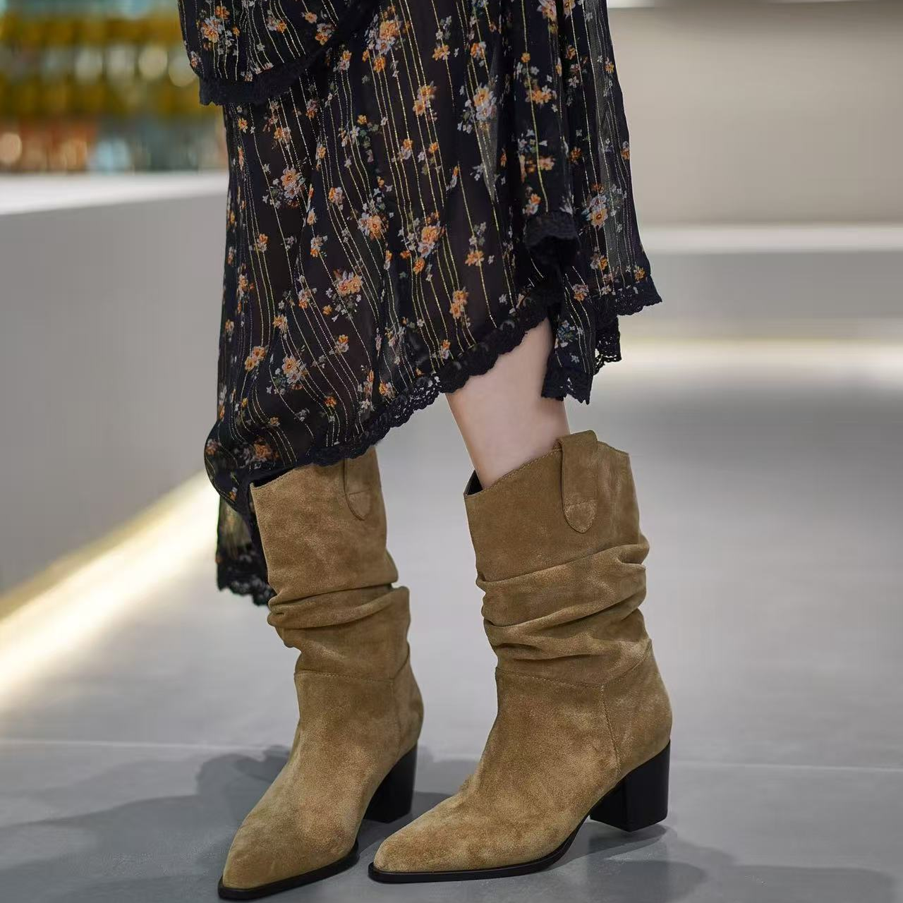 LIAJIGIRL原创百搭复古胎小羊绒拉皱西部牛仔靴#377-1长筒长靴