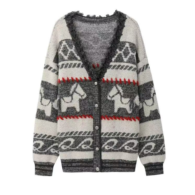 REVAN芮范 费尔岛 可卸流苏 编织绳帽 毛衣开衫 RK12802328