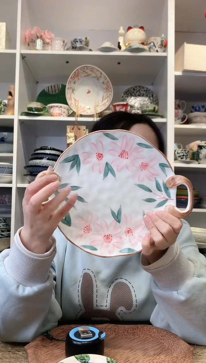 陶瓷【清仓】手绘粉花双耳平盘