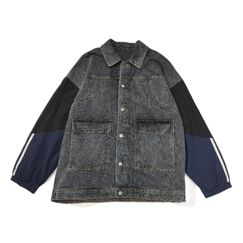 春季日系复古拼接袖子工装风水洗宽松翻领牛仔夹克男潮外套2092