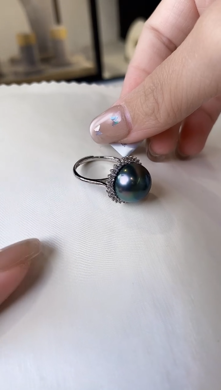 【闪购商品】海水珍珠戒指银S925镶嵌12-13大溪地黑珍珠戒指