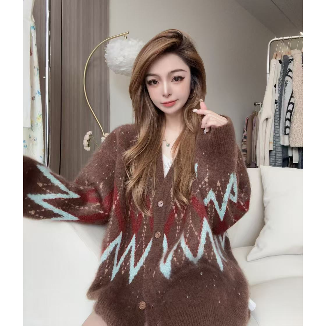 【百分百山羊绒】252123拉绒工艺款V领开衫时尚提花款