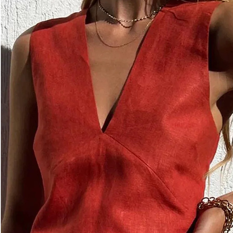 红色棉麻连衣裙女夏季性感锈红色法式背心短裙凉感亚麻度假裙子夏