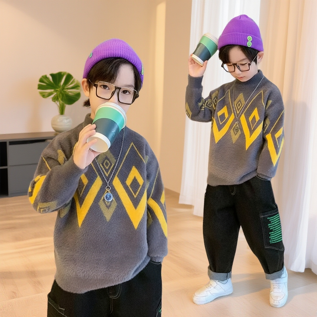 爆款男宝秋冬加厚保暖圆领毛衣针织衫条纹上衣韩版百搭打底衫