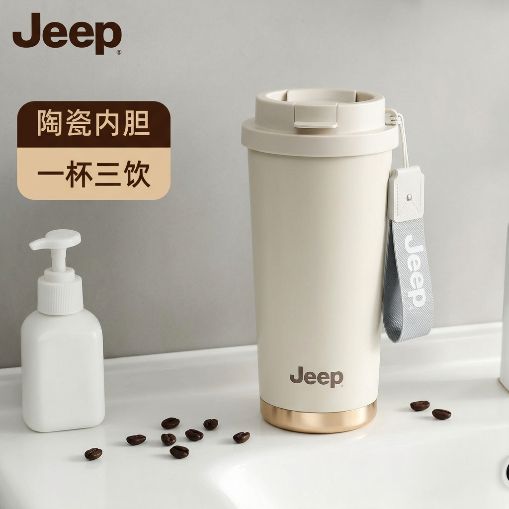 【佳佳】JEEP吉普正品陶瓷内胆316不锈钢保温杯吸管直饮两用咖啡杯