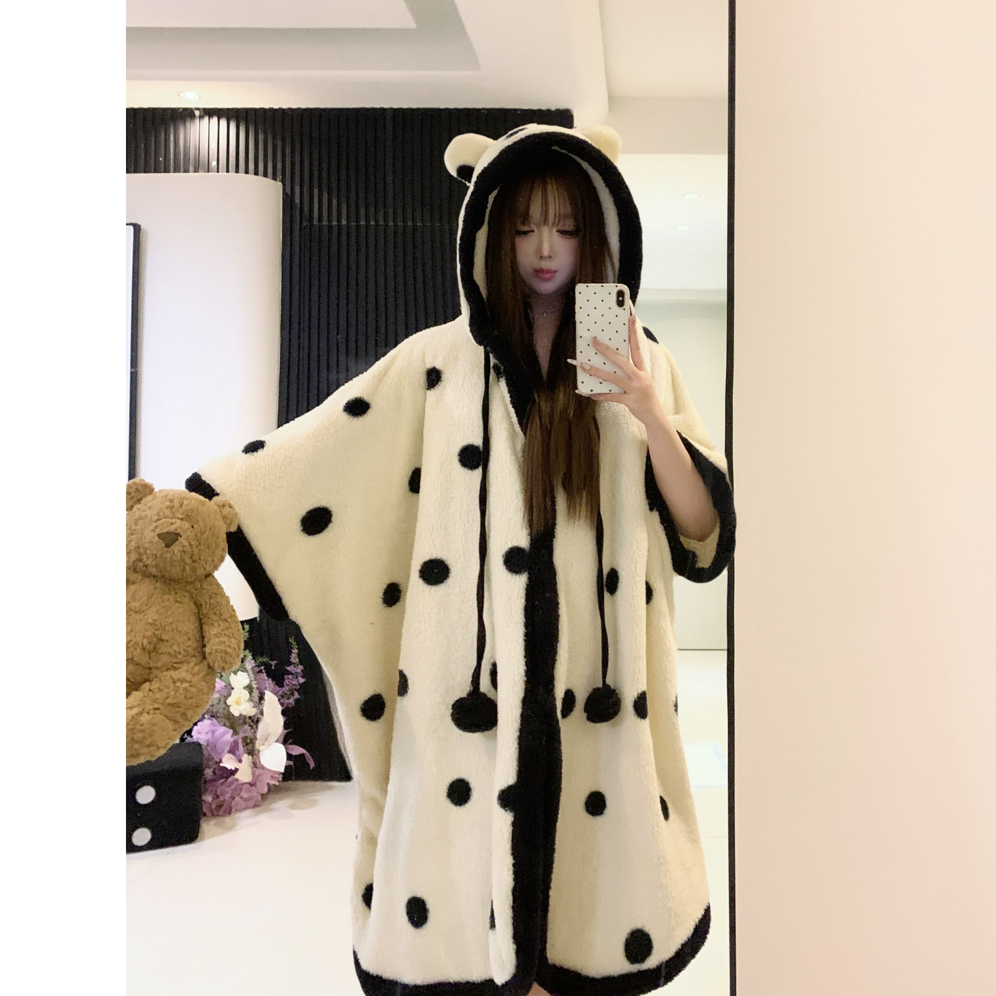 SilkWhite【奶油小熊】超软糯云朵绒睡袍波点小熊绒款睡衣家居服