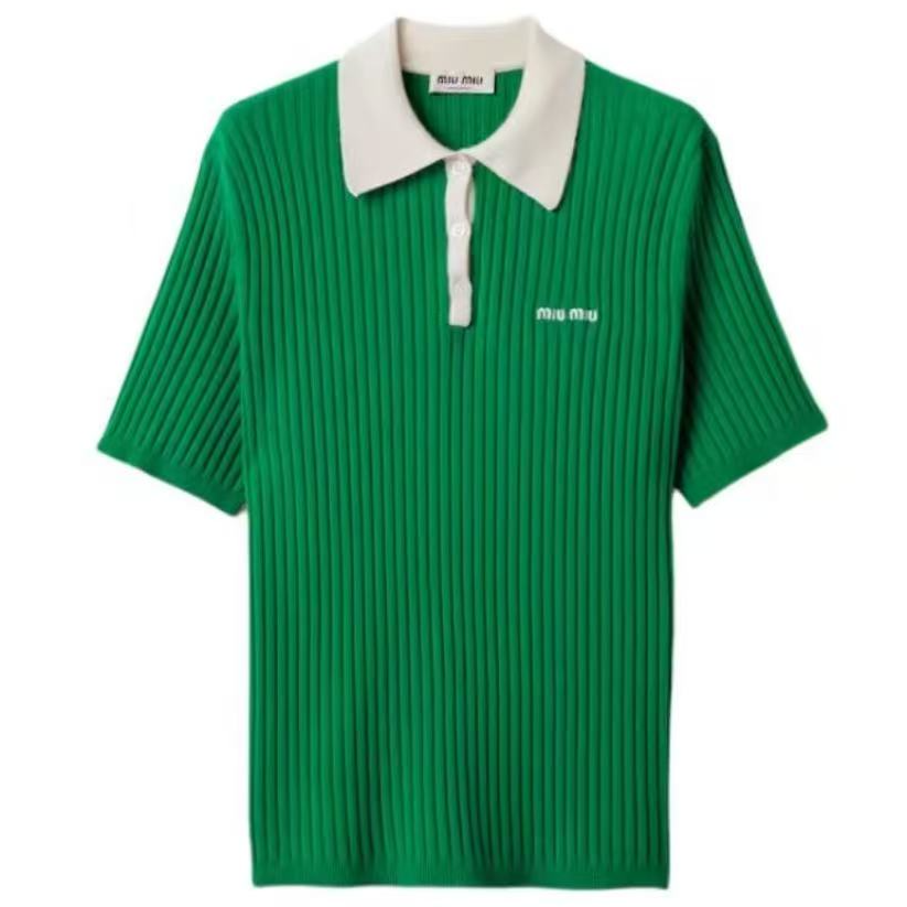 99新 MIU MIU/缪缪 绿色罗纹羊绒刺绣标志Polo衫36码