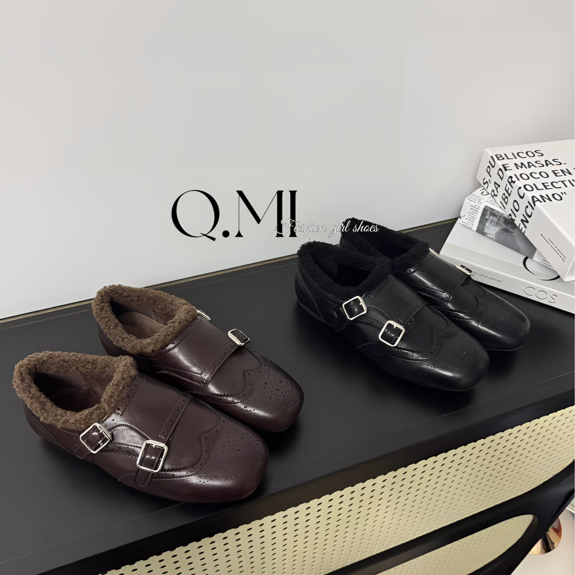 Q.MI【加绒双扣】头层小牛皮巴洛克复古英伦风金属扣鞋子女款秋冬