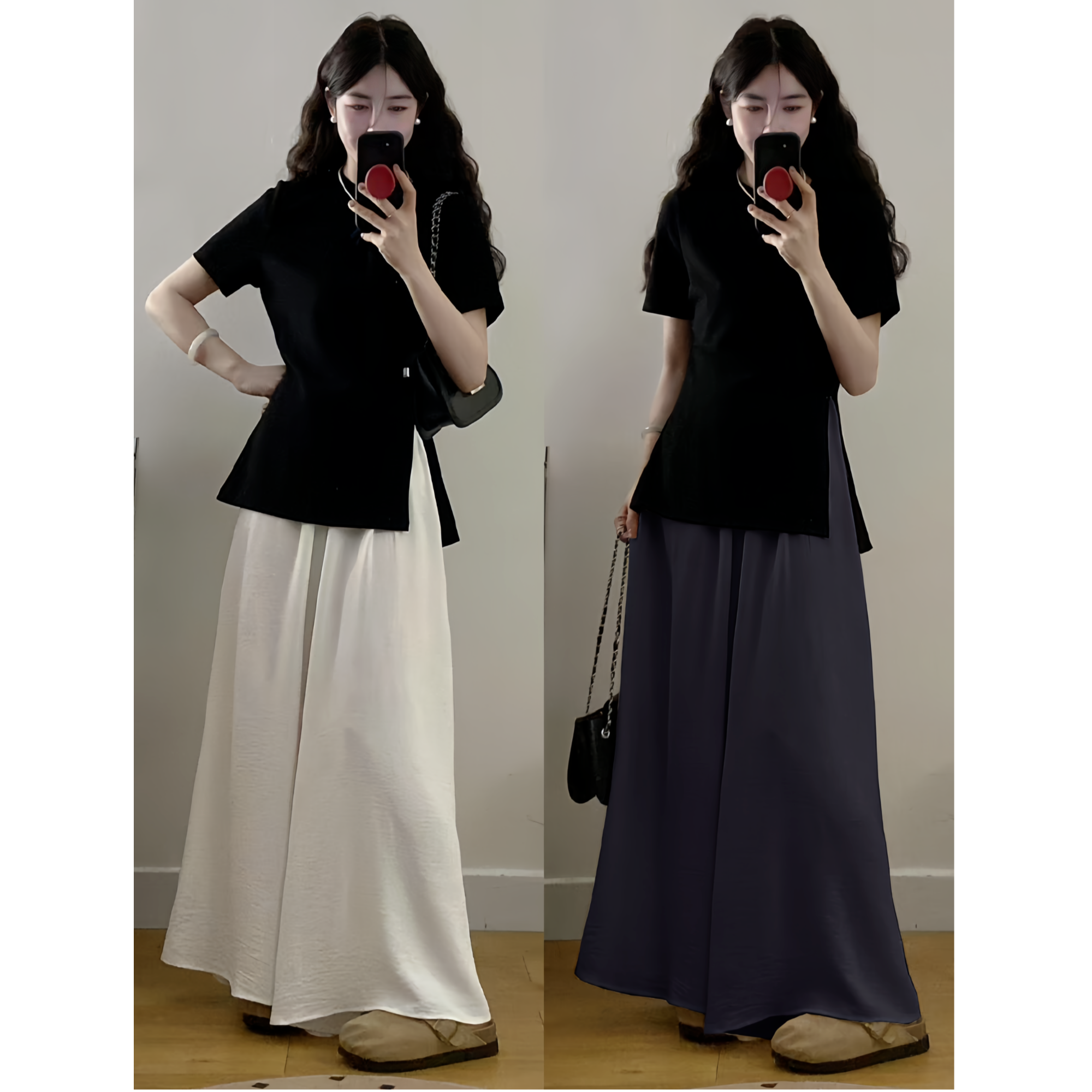 大码夏季新款气质设计感正肩蝴蝶结上衣+高腰遮肉阔腿裤两件套