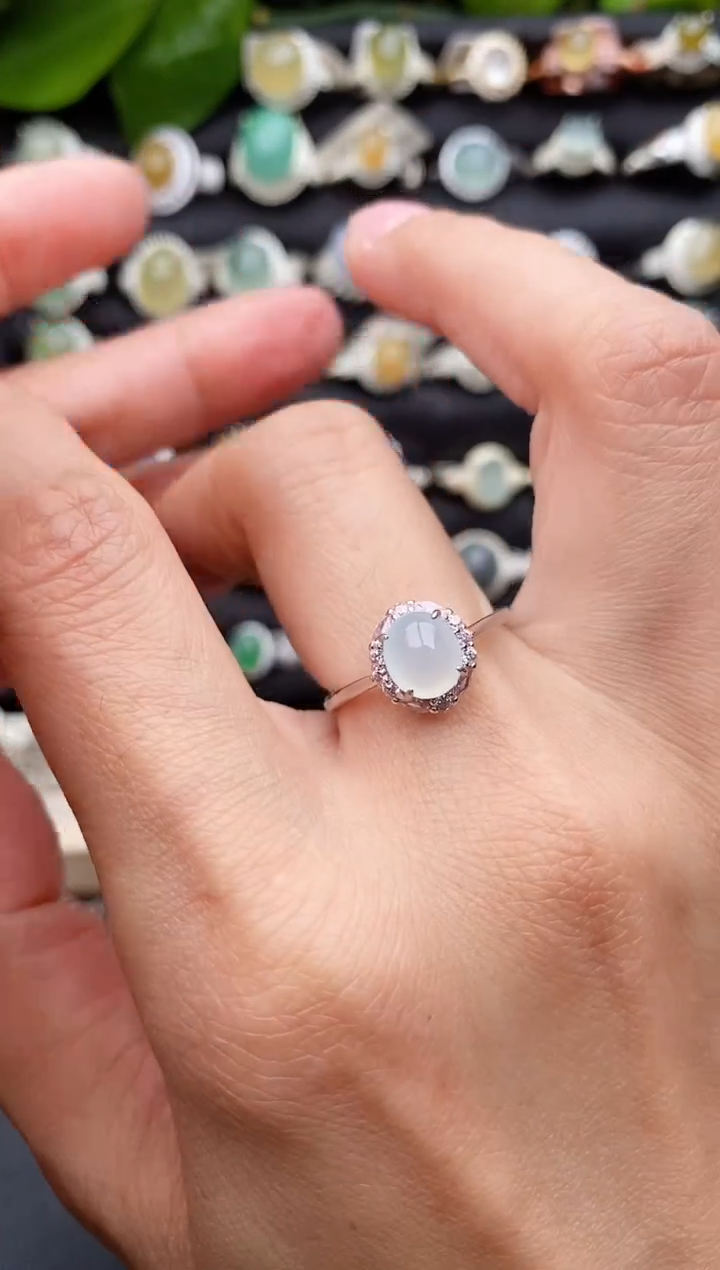 【闪购商品】翡翠戒指银S925镶嵌缅甸天然A货翡翠33 9-7