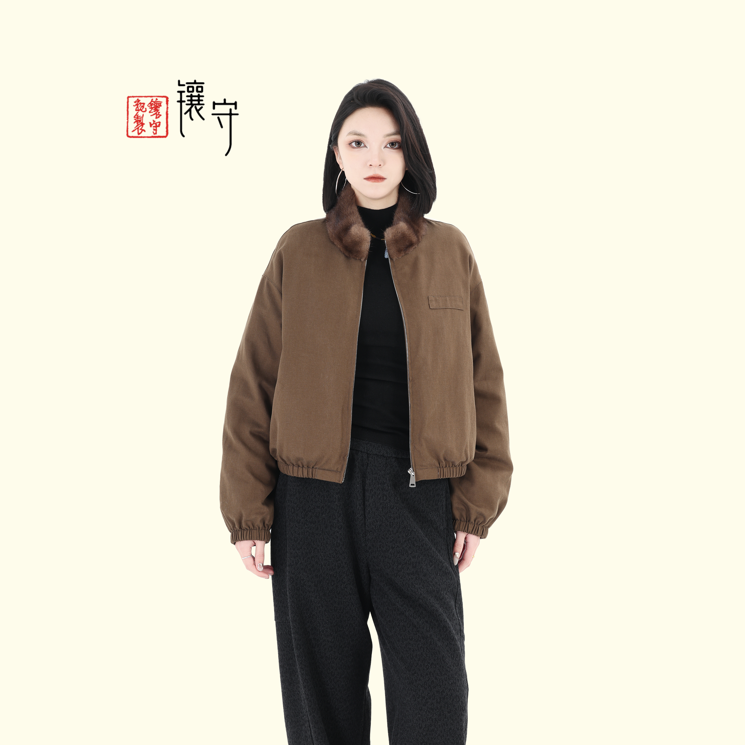 【镶守·薄雾】冬季设计师款气质时尚百搭水貂毛白鹅绒服外套85817