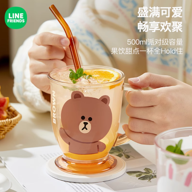LINE FRIENDS玻璃杯女高颜值吸管喝水杯子大容量办公室果汁牛奶杯
