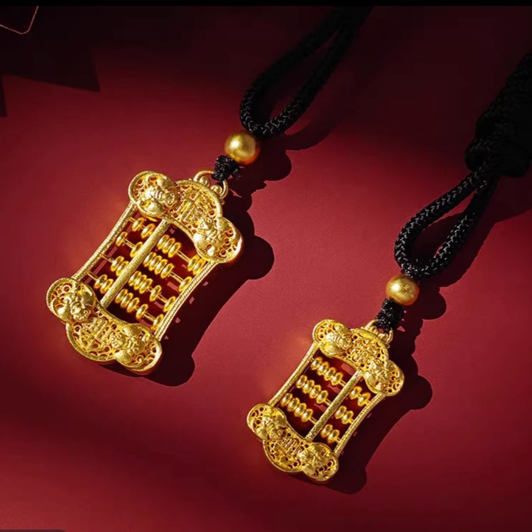 足金999纯黄金古法工艺如意算盘女士吊坠