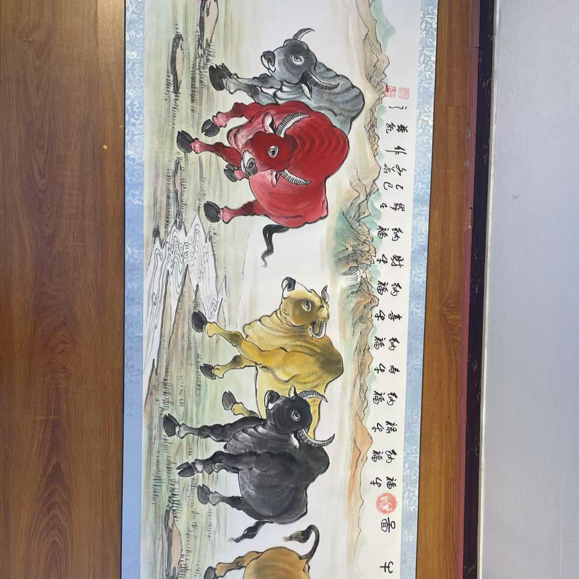 贾文华老师国画手绘作品五牛图 六尺 横幅