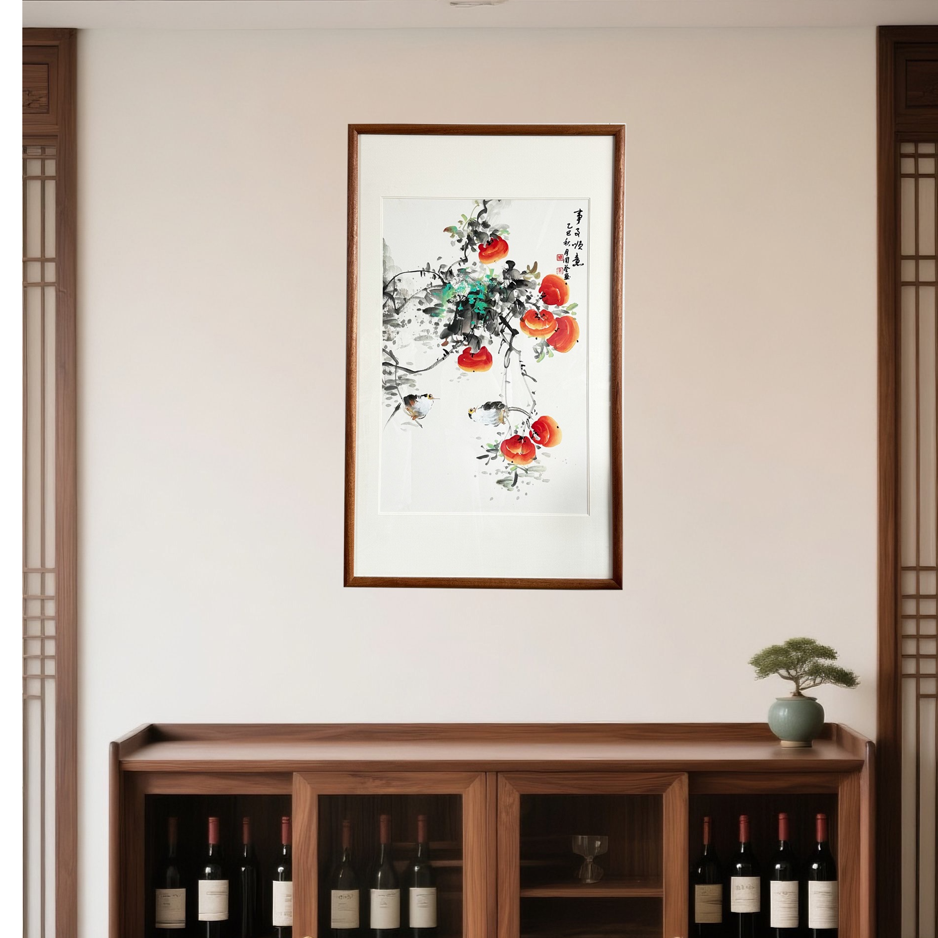 玄关餐厅推荐挂这副柿子采用的是乌檀木装框100cmx60cm