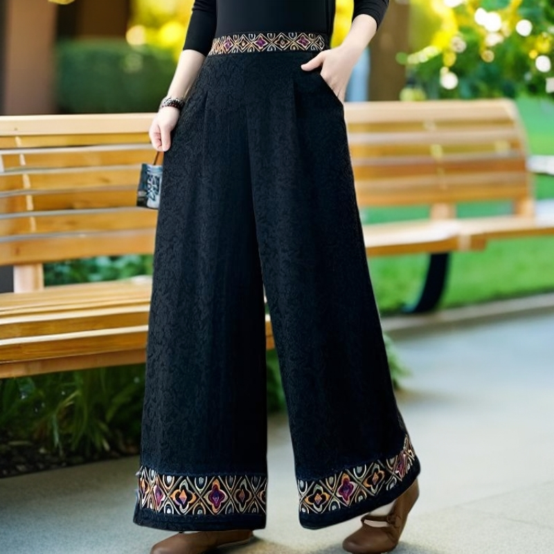 秋季新款复古刺绣提花阔腿裤女民族风绣花休闲裙裤大码高腰文艺