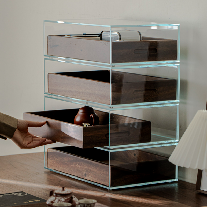 黑胡桃木实木钢化玻璃展示柜牙科多层柜茶杯防尘4-6茶室布置物件